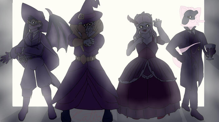 Yasuke, Wizard, Voca, and Lure standing before a great light in party wear